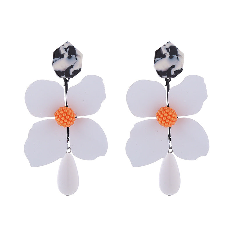 Wholesale Exaggerated Long Multi-layered Flower Alloy Painted Drop-shaped Pearl Earrings